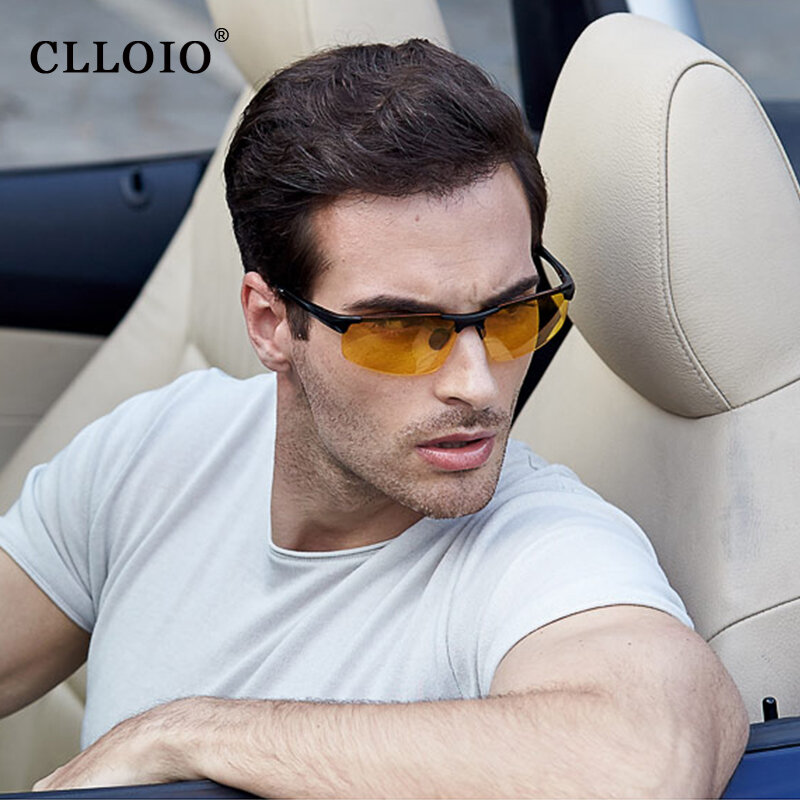 CLLOIO Top Anti-Glare Day Night Vision Glasses Men Driving Polarized Sunglasses Aluminum Rimless Photochromic Riding Goggles UV