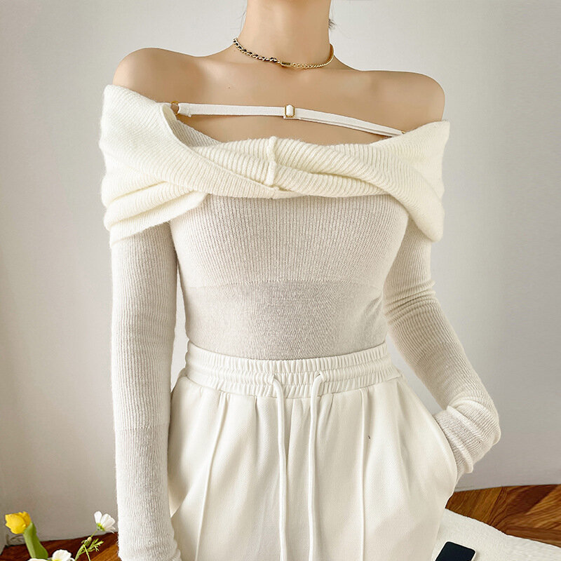 솔리드 컬러 스웨터 한 어깨 매듭 옷깃 스트랩 꽉 허리띠 탑 패션 오프 어깨 섹시한 스웨터 여성 Y2k 추악한 풀 오버