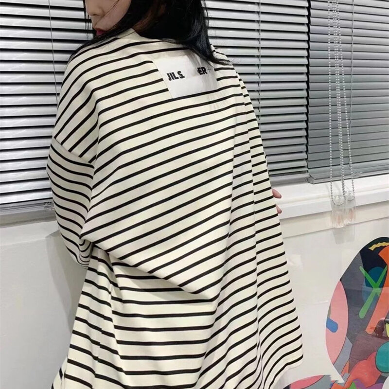 Camisetas a rayas de marca de lujo para mujer, ropa de algodón de manga corta de gran tamaño, Tops de cuello redondo, 2022