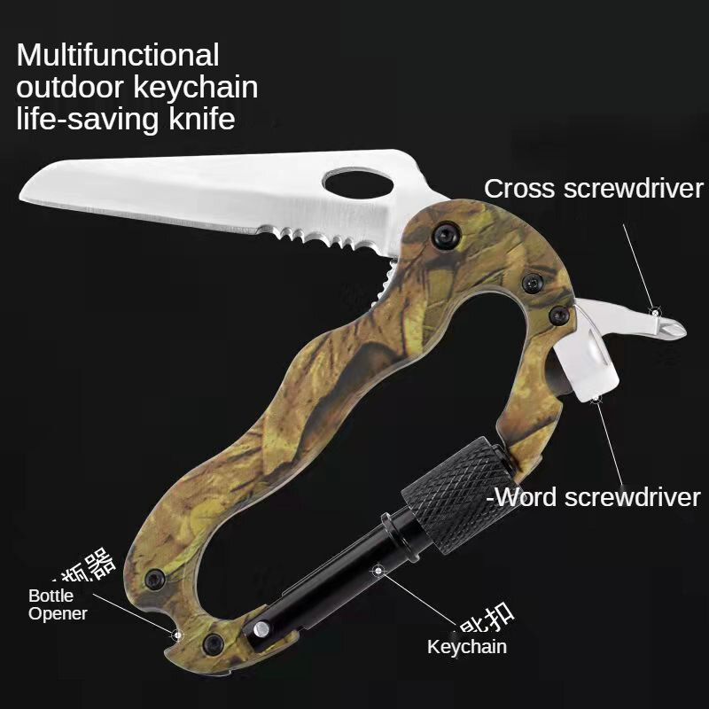 5 In 1 Multitool Carabiner มีดพับได้ Survival D รูปร่างพวงกุญแจหัวเข็มขัด,ปีนเขาพวงกุญแจสำหรับเดินป่ากลางแจ้ง