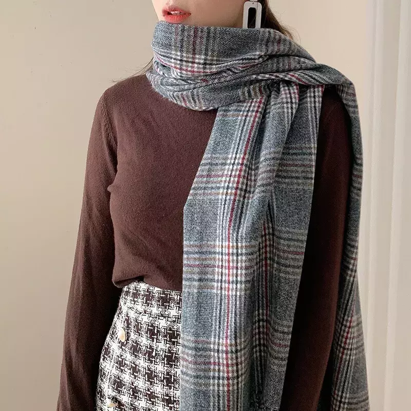 캐시미어 격자 무늬 스카프 여성용, 부드럽고 따뜻한 프린지 스트라이프 격자 무늬 가을 겨울용