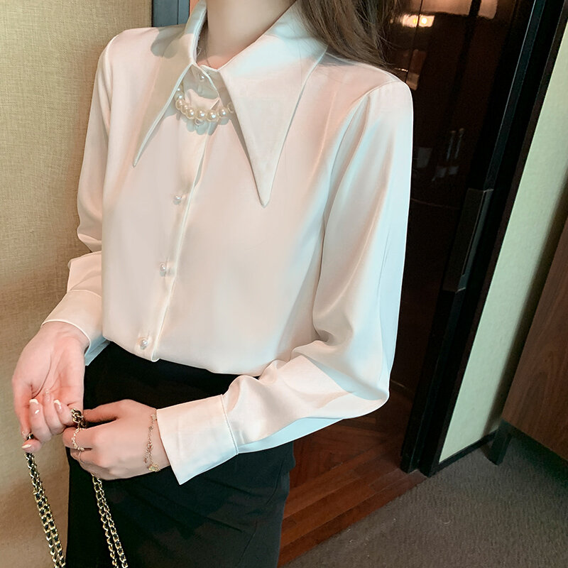 Button Up Satin Silk Shirt Vintage Blouse Women White Lady Female Loose Shirts 2022 New Long Sleeve Shirt Women top 611A
