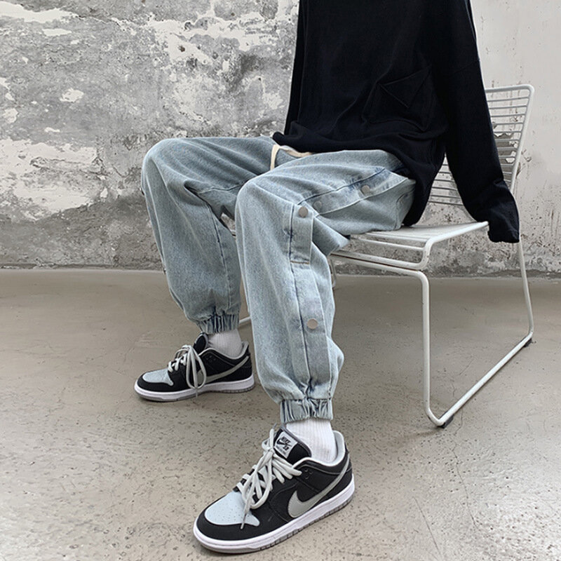 Streetwear Vintage Jeans Men Solid Color Loose Openwork Jeans Men's Casual Lace-up Mid-Waist Single-Breasted Denim Pencil Pants