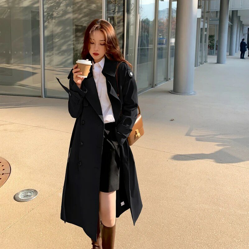 Outono e inverno novo coreano trench coat, clássico feminino duplo breasted estilo universitário, solto comprimento médio trench coat