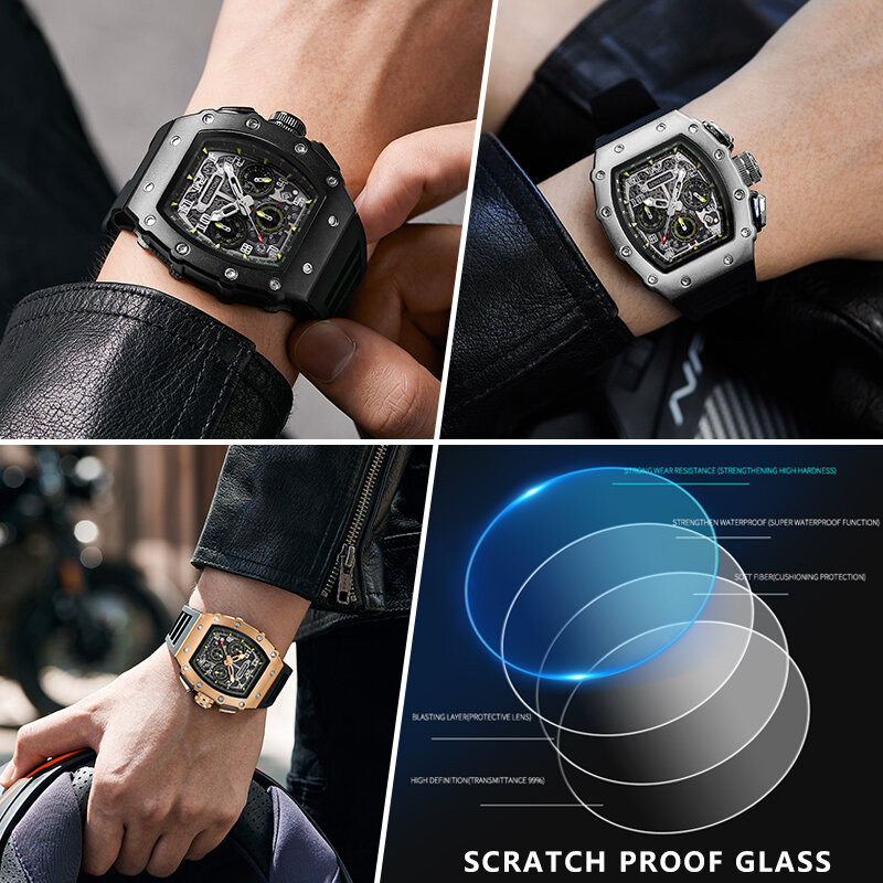 SENSTONE – montre-bracelet étanche pour hommes, marque supérieure, bande en caoutchouc, chronographe, carré, luxe, mode, 2023, 100%
