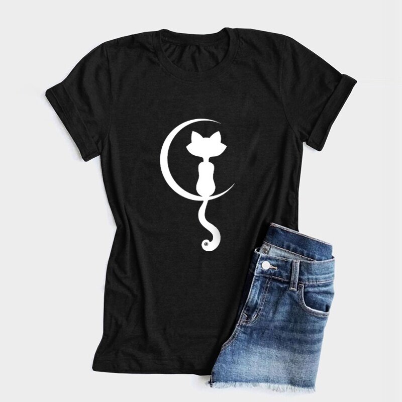 Camiseta de manga corta con estampado de gato para mujer, blusa gótica cómoda de alta calidad para verano, nueva moda