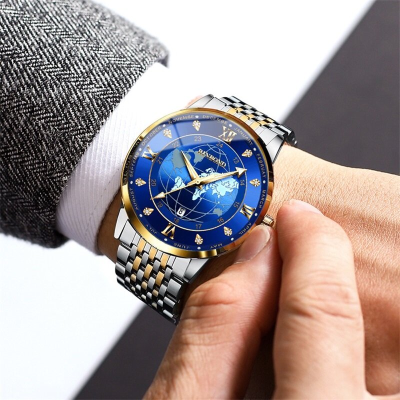 새로운 남자 시계 스테인레스 스틸 최고 품질 럭셔리 푸시 버튼 숨겨진 걸쇠 50M 방수 빛나는 날짜 스포츠 손목 시계, 2023