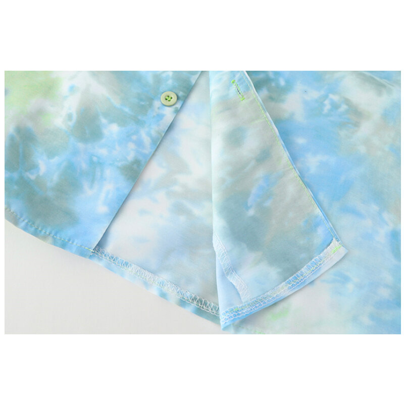 HK نمط الأزرق والأخضر التعادل صبغ الأزهار قميص المرأة الصيف هاواي تصميم فضفاض قصيرة الأكمام قمم تي شيرت محايد بلوزة غير رسمية