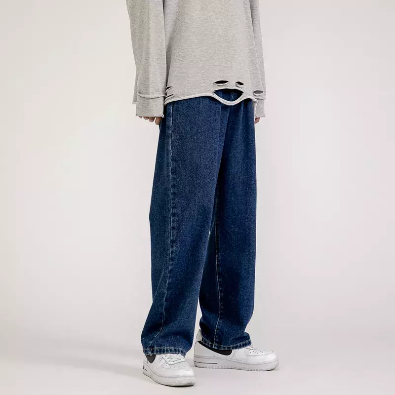 Модные мужские мешковатые джинсы в Корейском стиле, классические Универсальные однотонные прямые джинсовые брюки с широкими штанинами, св...