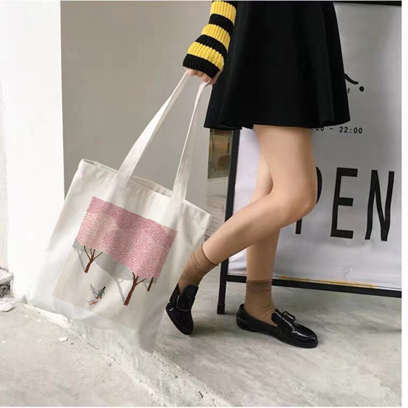 Women Canvas Shopping Bag Orange Cartoon Printing Cotton Cloth Shoulder Bag Eco Handbag Tote Reusable Grocery Shopper Bags