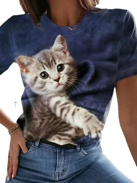 2023 modna odzież damska XS-8XL spersonalizowana koszula nadruk z kotem luźna luźna koszulka z krótkim rękawem z okrągłym dekoltem