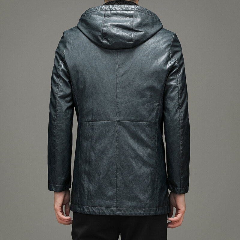 Haining Winter Leather down Jacket Men's Mid-Length Hooded Detachable down Feather Liner Warm Leisure Men's Leather Coat