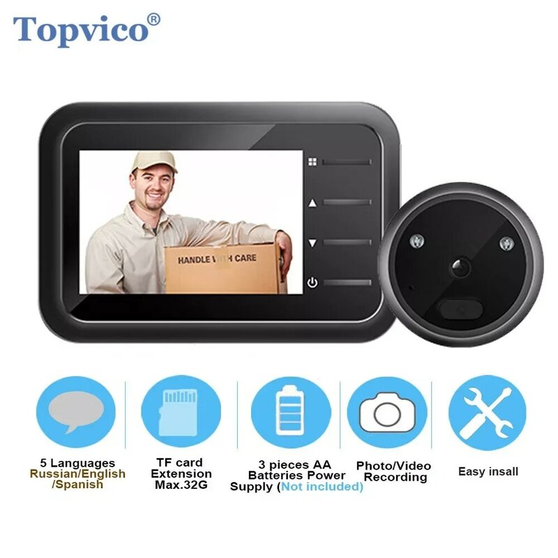 Topvico-비디오 핍홀 초인종 카메라, 비디오 아이 자동 기록 전자 링, 야간 투시경, 디지털 도어 뷰어, 엔트리, 집 보안
