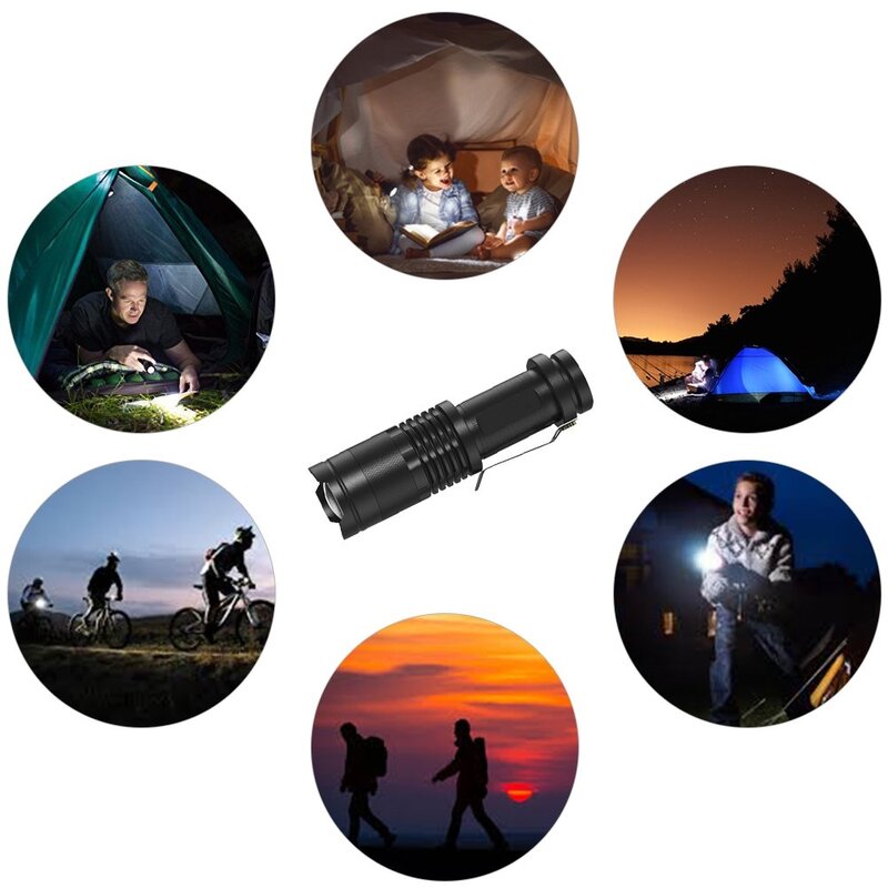 Lampe de poche led puissante, mini lanterne portable, Zoomable, torche d'urgence, camping en plein air, avec porte-stylo