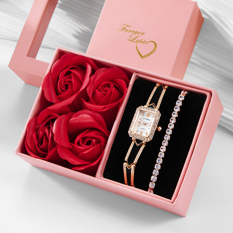 4 в одном розовый браслет часы набор с коробкой для женщин подарок дамы наручные часы браслет День рождения Мемориал День Святого Валентина ...