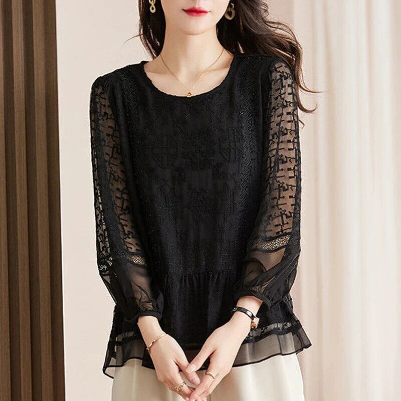 2023 Spring Summer New Solid Color Round Neck Lantern Sleeve Sheer Shirt Women Embroidered Patchwork Lace All-match Pullovers