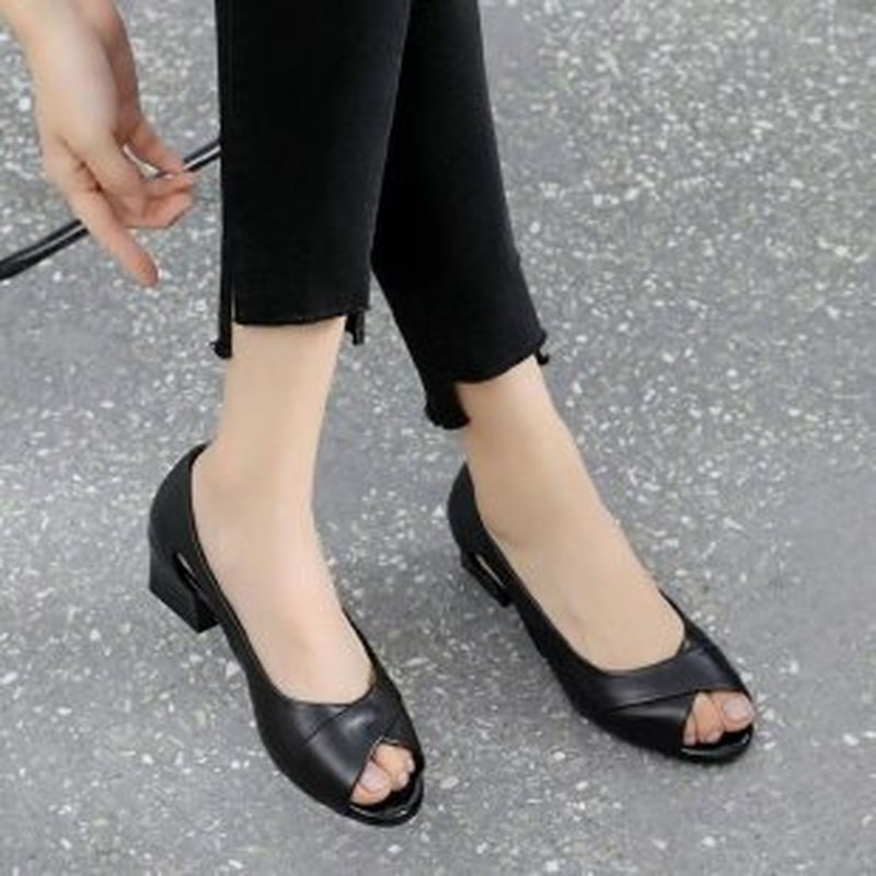 Sandales d'été en cuir confortables pour femmes, chaussures à talon moyen, ajouré, bout ouvert, talon carré, escarpin noires