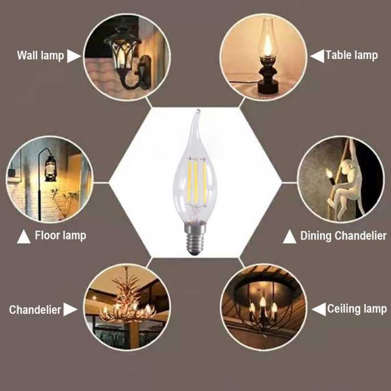 10 Buah Bohlam LED E14 2W/4W/6W Dimmable Edison Retro Filamen Lampu Lilin AC220V C35 Hangat/Dingin Putih 360 Derajat Hemat Energi