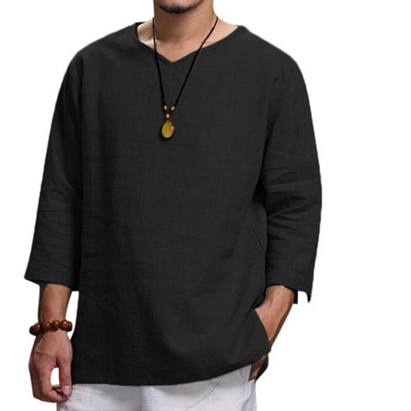 Blus Kasual Pria Baru 2023 Kaus Linen Katun Atasan Longgar Kaus Lengan Panjang Kaus Pria Tampan Kasual Musim Semi Musim Gugur