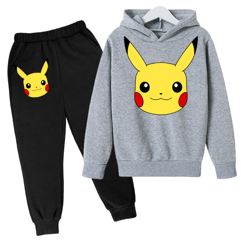 Pikachu hoodie pokemon hoodie jogo hoodie conjunto outono crianças com capuz + calças 2 peças conjunto adolescente bonito hoodie 4-14y little boy roupas