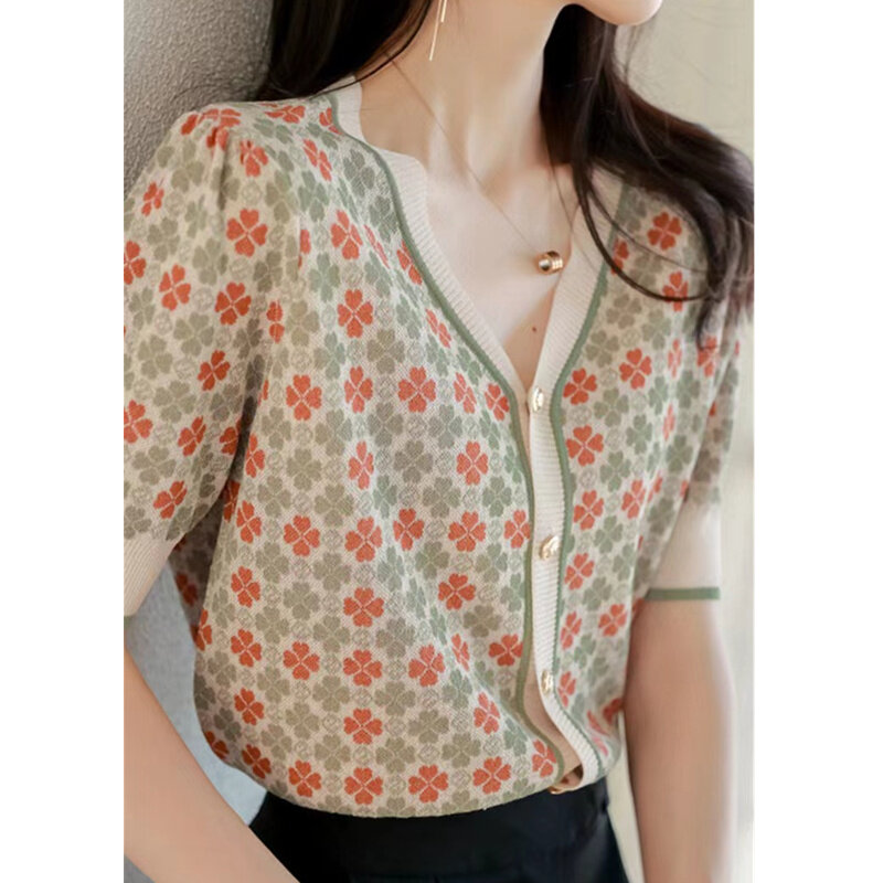 夏の花アイス半袖カーディガン女性のvネック五分袖ジャケットルーズtシャツ木綿糸トップ