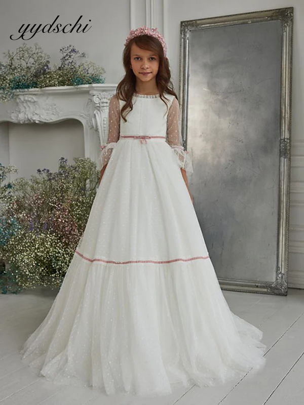 Elegante branco a linha até o chão vestidos da menina de flor para casamentos com arco rosa festa de aniversário primeira comunhão sagrada vestidos