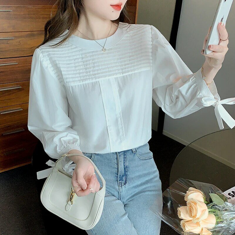 Cor sólida blusas de mujer versão coreana em torno do pescoço solto gravata borboleta lanterna manga longa rendas até camisa pullove camisas femininas 110h