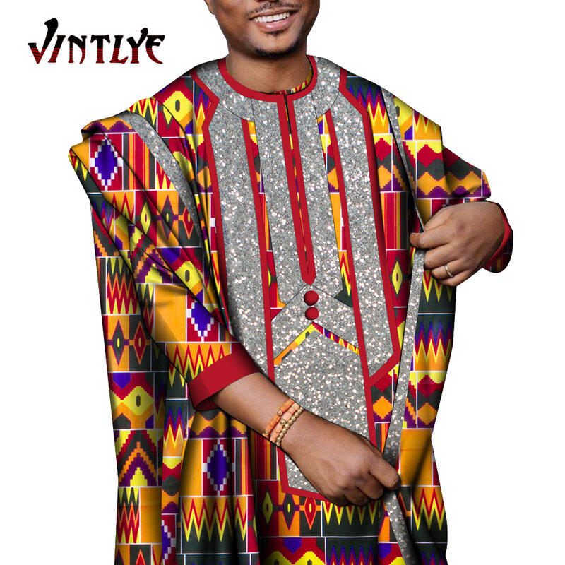 3 조각 세트 아프리카 Dashiki 남자 가운 코트와 슬림 셔츠와 바지 느슨한 Ankara 패션 인쇄 Agbada 가운 코트 정장 3XL WYN1640