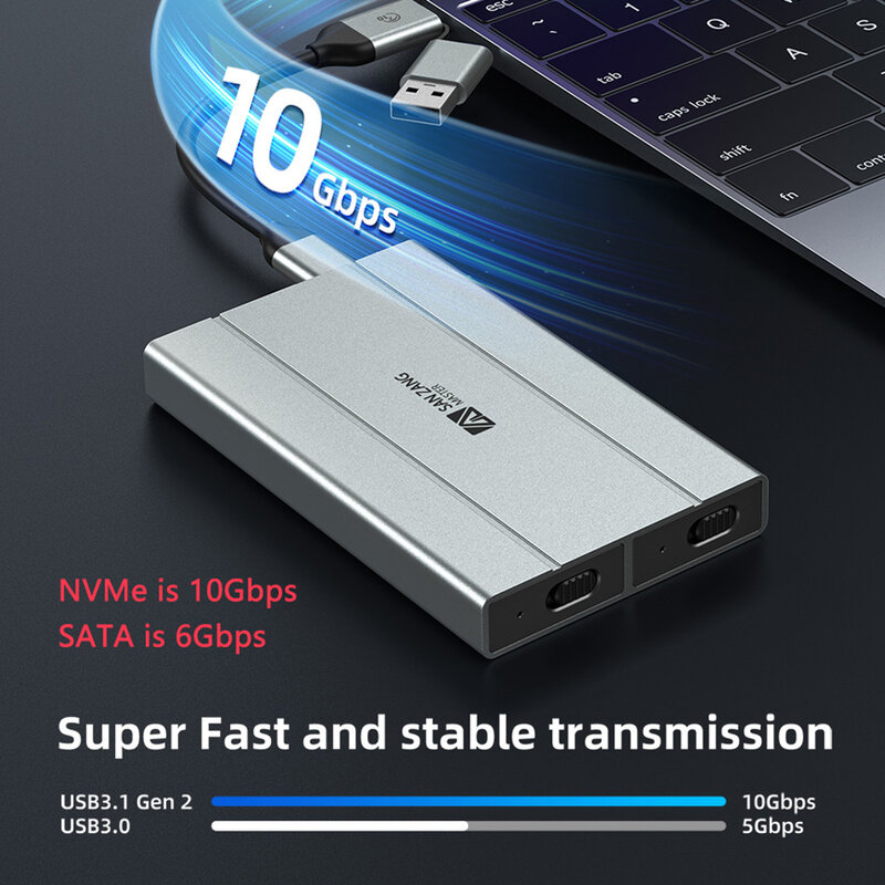 SANZANG M.2 외장 SSD 케이스, SATA NVMe 듀얼 프로토콜, USB A 3.0 C 타입, M2 HD 인클로저, 하드 디스크 드라이브 하우징, USB3 스토리지 박스