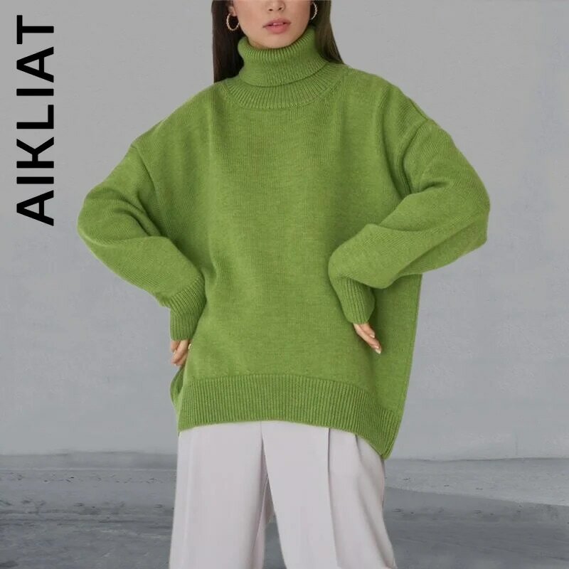 Aikliat Knitted Turtleneck Women Sweater Fashion Cheap Girl Top Women Streetwear Harajuku Knit Sweater Simple Leisure Female