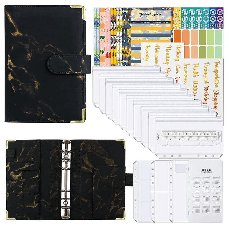 Carpeta de presupuesto A6 con sobres de efectivo, carpeta de cuaderno de cuero PU con bolsillos de carpeta A6 de 12 piezas