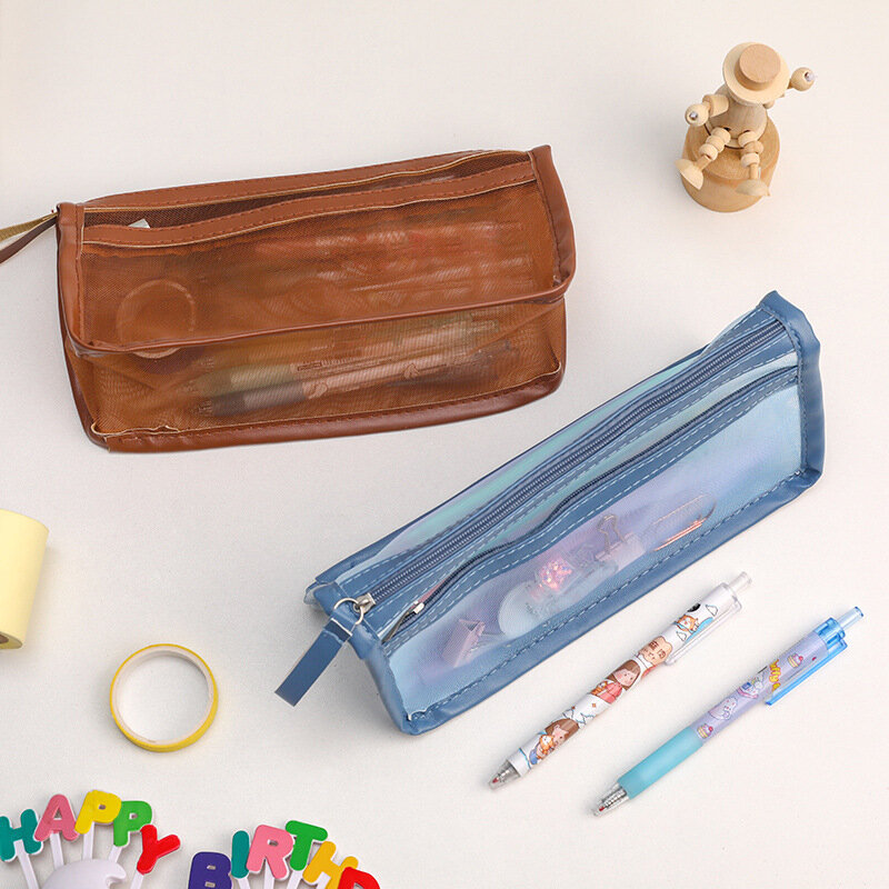 Прозрачная Сетчатая Сумка для карандашей, двухслойная вместительная сумка для канцелярских принадлежностей, Студенческая портативная Фотосумка для хранения