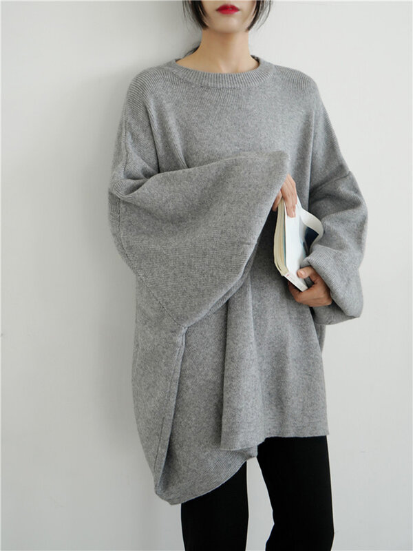 EAM-suéter de punto gris de manga larga para mujer, Jersey holgado de corte holgado con cuello redondo, moda de otoño e invierno, 1Y190, 2021