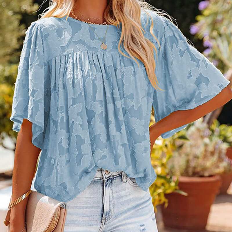 Crew Neck Shirt Solid Women's Clothing Spring Summer New Fashion Hollow Flower Doll Shirt Loose Short Sleeved Chiffon Top Sweet