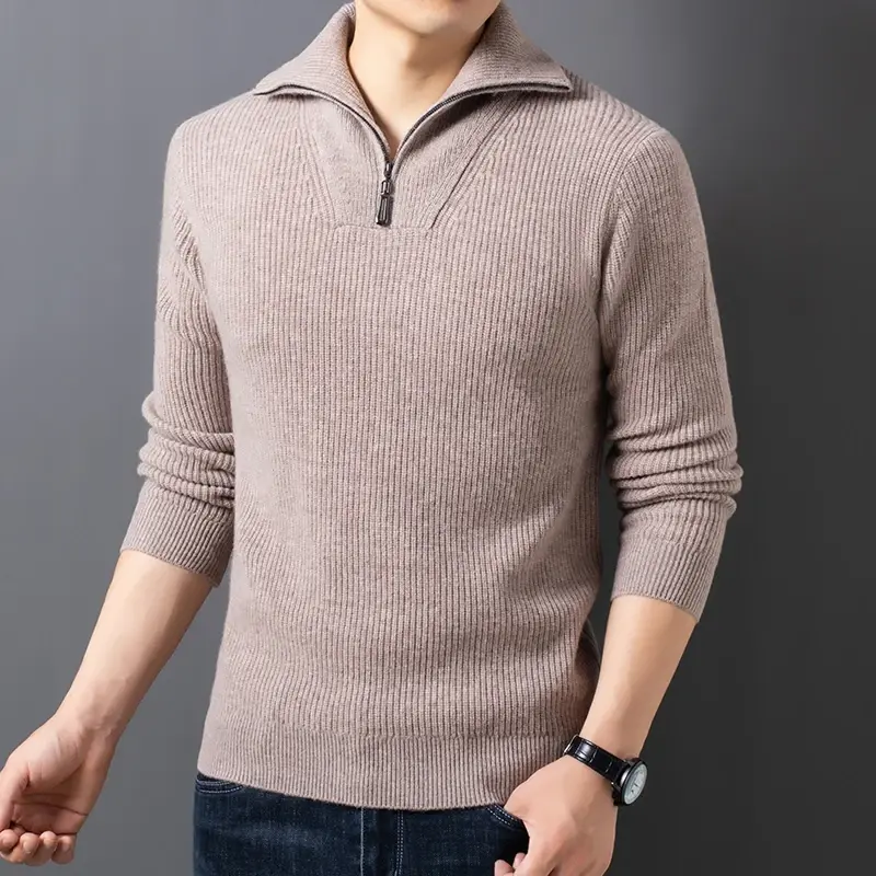 Camisola de lã pura engrossada inverno masculino metade com zíper gola jacquard tendência tricô bottomming camisa masculina camisola quente