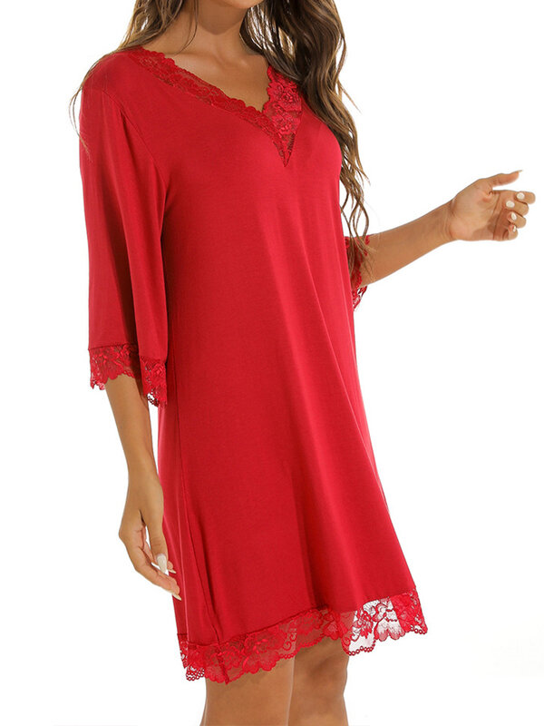 Однотонная ночная рубашка с V-образным вырезом и рукавом до локтя, женские ночные рубашки, Сексуальная кружевная хлопковая одежда для сна в стиле пэчворк, Женская ночнушка, повседневное спальное платье