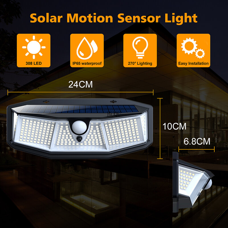 Luz Led Solar para exteriores, lámpara con Sensor de movimiento, foco para decoración de jardín y calle, 308