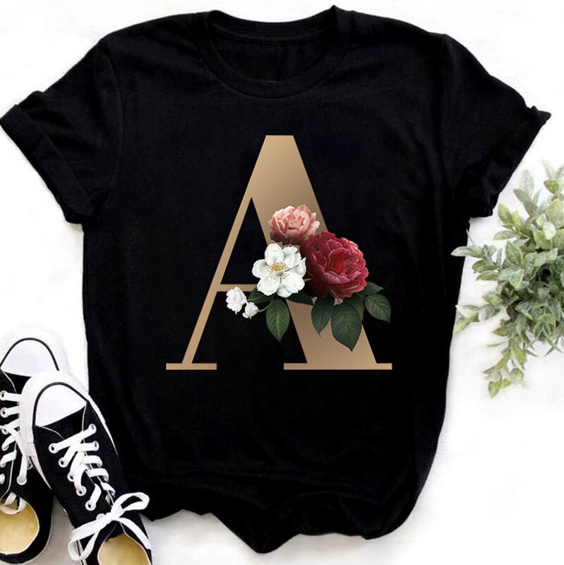 Letra de nome personalizado combinação moda feminina camiseta letra de flor fonte a b c d e f g manga curta topos preto camiseta roupas