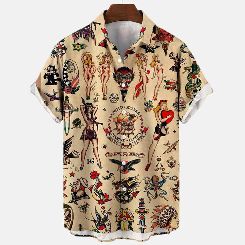 남성용 인어 레트로 아트 3D 디지털 프린트 패턴 셔츠, 레트로 하와이 셔츠, 스트리트 반팔 상의, 루즈 셔츠, 2022