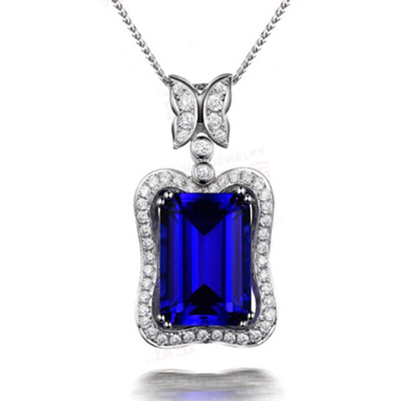 Sang Trọng Đầy Đủ Kim Cương Micro-Bộ Bướm Chữ Nhật Sapphire Mặt Dây Chuyền Nữ Trang Sức Xương Đòn Dây Chuyền Vòng Cổ Nữ