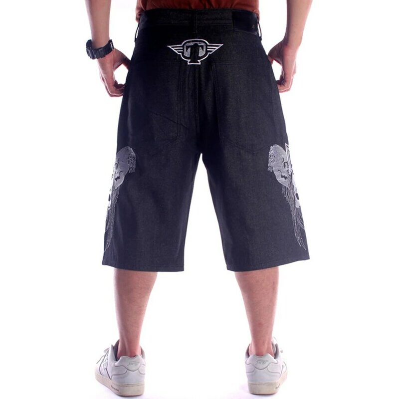 Mens Large Size Skull Embroidered Denim Shorts High Street Washed Loose Five-point Library Trend Design Printed Skateboard Pants