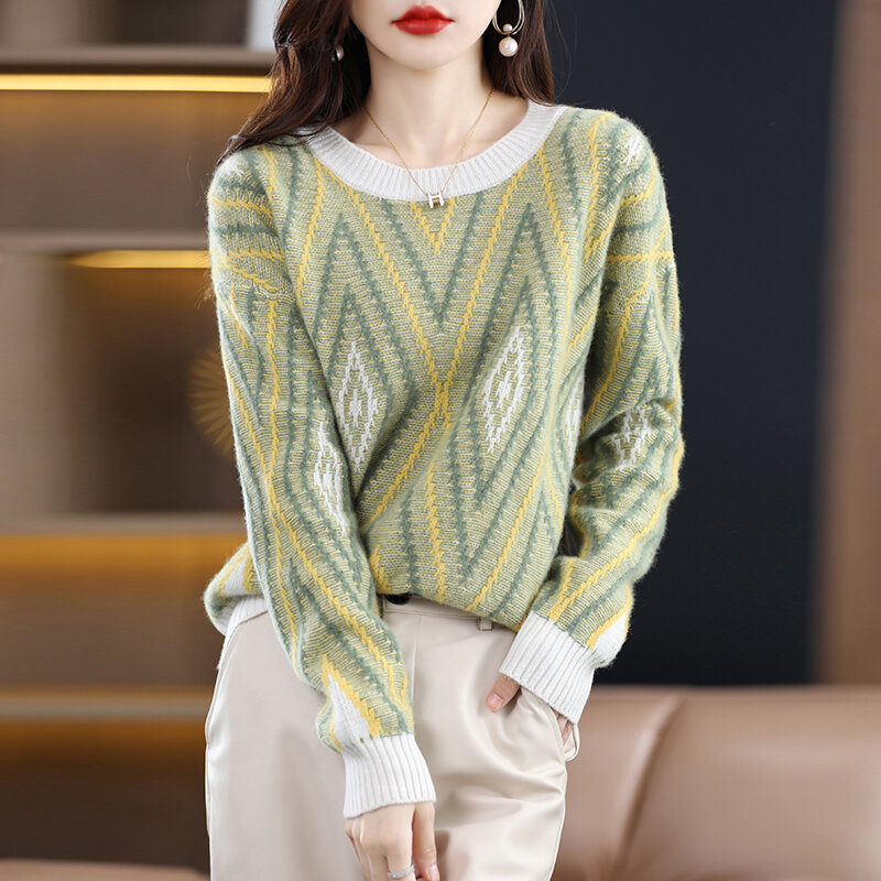 女性用の結び目のあるウールのセーター,ゆったりとしたセーター,厚い韓国のトップデザイン,刺sweater付き