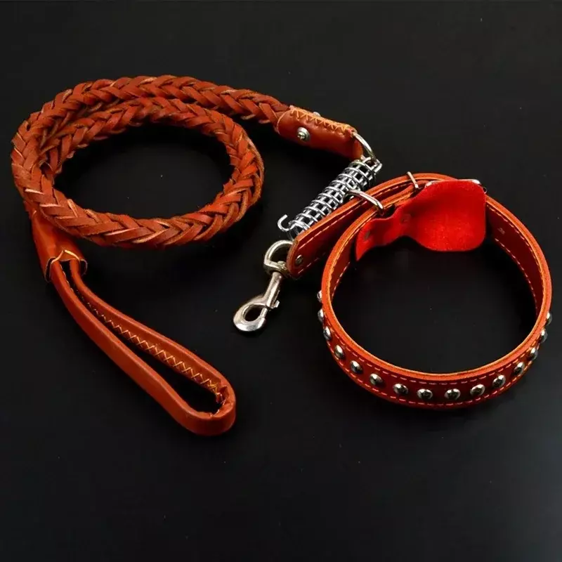 Fashion Leather Dog Collar Leash For Large Dog Leather Pet Traction Drag Tow Rope Chain Pet Supplies Dog Accessories Suite