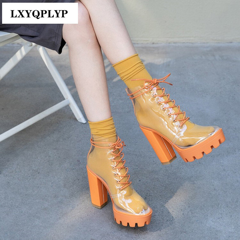Transparent Fashion Thick High-heeled Cross Straps Fairy Style Short Boots Martin Boots Comfortable Women's Spring and Summer