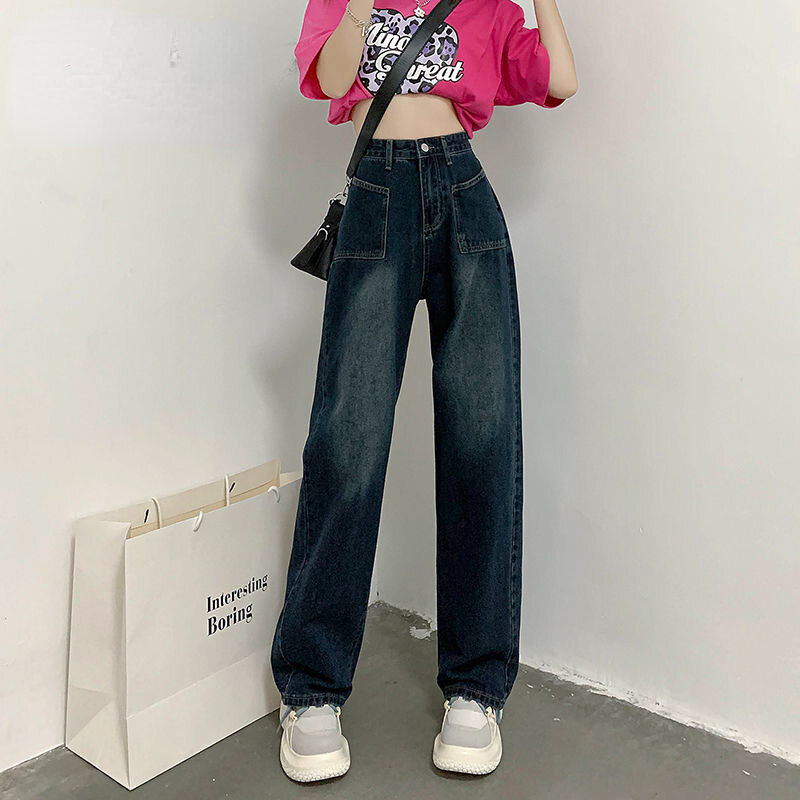 Korean Style Retro-style Jeans 2022 New High-waisted Thin Niche Loose Straight Wide-leg Pants  Pants Women