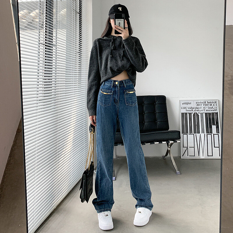 Jean taille haute à jambes larges pour femme, Streetwear, avec poches, Y2k, 2023