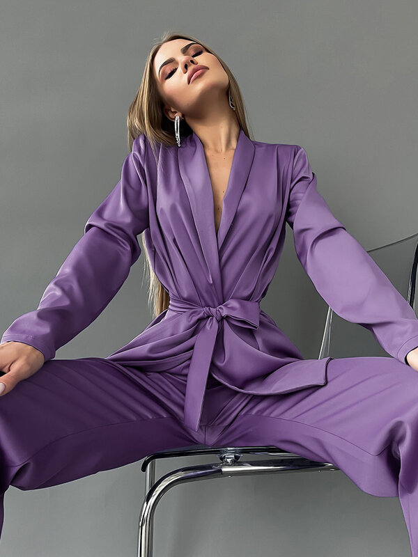 Hiloc sexy baixo corte pijamas femininos com faixas roxo turn-down colarinho casa terno para mulher cetim pijamas conjuntos com calças 2022