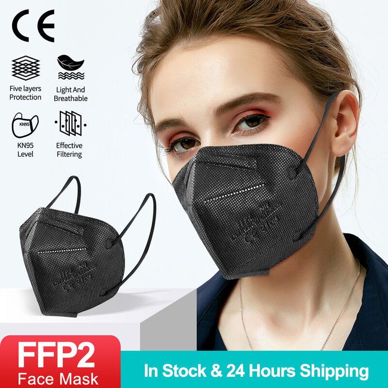 5-100ชิ้น KN95หน้ากาก FFP2 Mascarillas Masque FFP2mask Fpp2 Maske Ffpp2 Mondkapjes 5ชั้นกรองหน้ากากป้องกันฝุ่น Face หน้ากากสีดำ