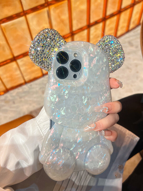 3D 곰 스타일리시 블링 반짝이 다이아몬드 색상 쉘 조가비 패턴 소프트 케이스, 아이폰 11 12 13 프로 XR X XS 맥스 귀여운 뒷면 커버