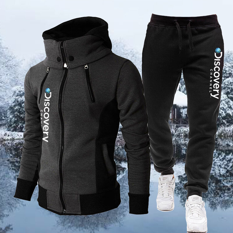 New 2023 Discovery Channel Men Zipper Hoodies Male Sweatshirt+Sweatpants Suit 2Pcs Warm Tracksuit Sets Men's Hoodies Outwear